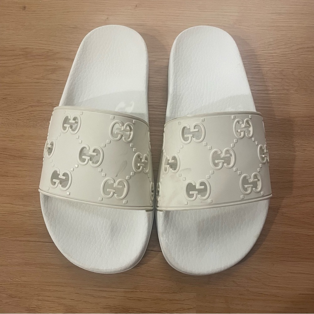 Gucci Cream Embossed Slide Sandals